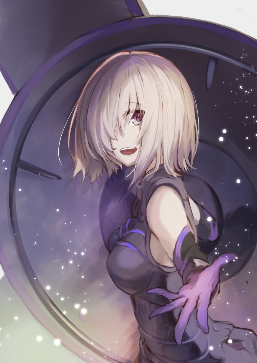 1girl akaten_10 armor bare_shoulders black_armor black_gloves breastplate closed_mouth clouds cloudy_sky commentary_request elbow_gloves eyebrows_visible_through_hair eyes_visible_through_hair fate/grand_order fate_(series) gloves grass hair_over_one_eye highres holding holding_shield holding_weapon light_purple_hair looking_at_viewer mash_kyrielight mountain out_of_frame outdoors pov purple_eyes purple_gloves shield shielder_(fate/grand_order) short_hair sky smile two-tone_gloves weapon