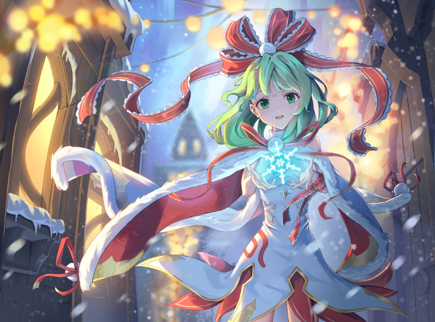 1girl absurdres al_guang alternate_costume bare_shoulders blurry building cape christmas depth_of_field feet_out_of_frame front_ponytail gold_trim green_eyes green_hair highres kagiyama_hina light_blush light_rays light_smile long_hair looking_at_viewer open_mouth outdoors snowflakes solo touhou