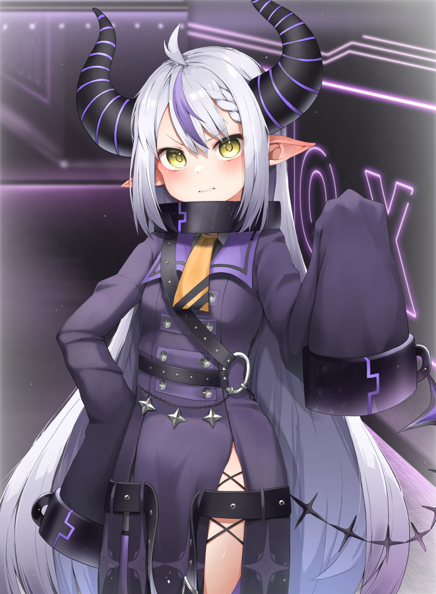 1girl absurdres ahoge ascot bangs black_dress blush braid braided_bangs collar commentary_request cowboy_shot demon_horns dress eyebrows_visible_through_hair hand_on_hip hand_up highres hololive horns la+_darknesss long_sleeves metal_collar multicolored_hair parted_lips pepushi_drow pointy_ears purple_hair silver_hair sleeves_past_fingers sleeves_past_wrists solo standing streaked_hair tail v-shaped_eyebrows virtual_youtuber yellow_ascot yellow_eyes
