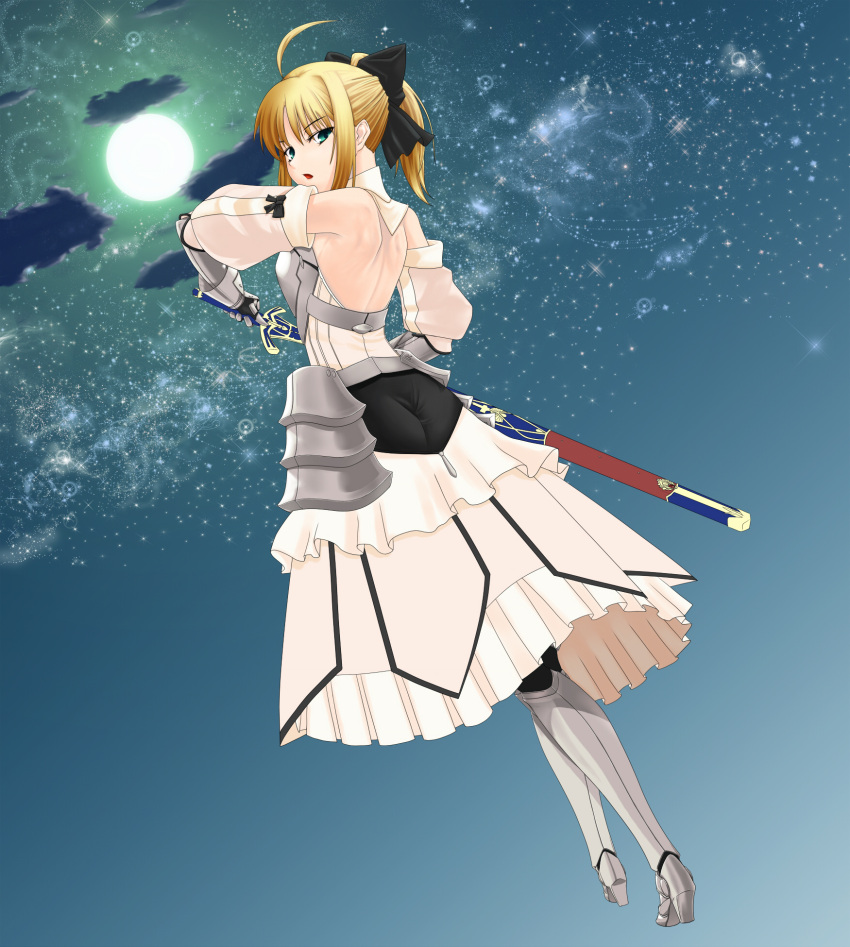 1girl armor armored_dress artoria_pendragon_(all) black_bow blonde_hair blue_sky bow breastplate clouds day dress excalibur eyebrows_visible_through_hair fate/grand_order fate/unlimited_codes fate_(series) faulds floating_hair gauntlets green_eyes hair_between_eyes hair_bow hands_on_hilt highres long_hair looking_at_viewer outdoors petals ponytail saber_lily signature sky sleeveless sleeveless_dress smile solo standing swimmer_(pixiv9349) white_dress