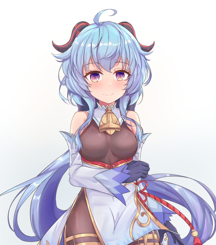 1girl 839303751 ahoge bangs bare_shoulders bell black_gloves black_legwear blue_hair blush breasts chinese_knot covered_navel detached_sleeves eyebrows_visible_through_hair flower_knot ganyu_(genshin_impact) genshin_impact gloves gold_trim highres horns leotard leotard_under_clothes long_hair looking_at_viewer medium_breasts neck_bell red_rope rope sidelocks smile solo tassel thighlet violet_eyes waist_cape white_background white_sleeves