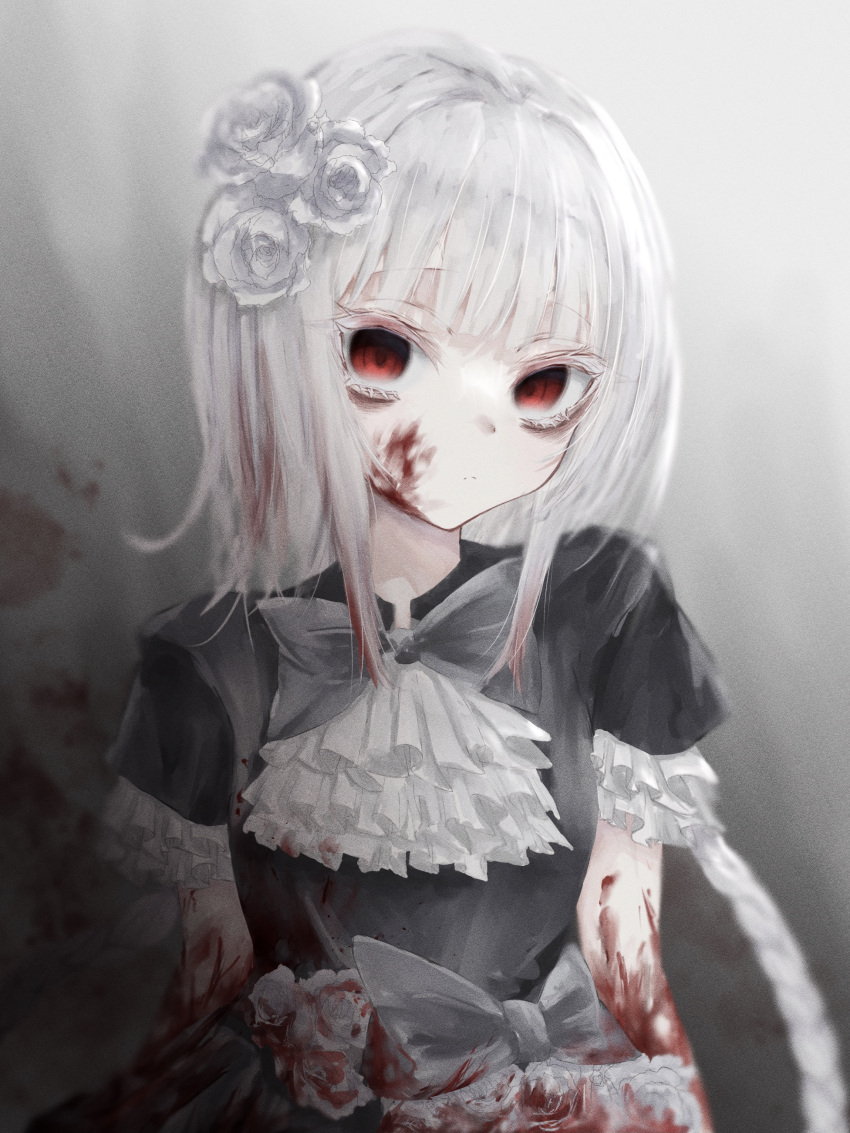 1girl absurdres albino arms_behind_back bags_under_eyes bangs black_dress blood blood_on_arm blood_on_clothes blood_on_face blunt_bangs bow commentary_request crazy_eyes dress flower frilled_dress frills gothic grey_bow hair_flower hair_ornament head_tilt highres maruna(maa_ruu2) original red_eyes ribbon rose short_sleeves sidelocks solo white_flower white_hair white_rose