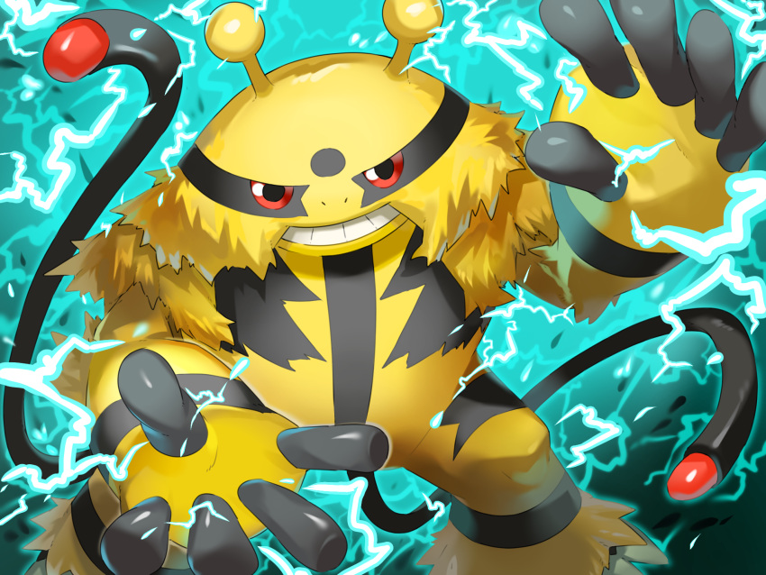 cable commentary_request electivire electricity highres looking_at_viewer mian_(3zandora) no_humans pokemon pokemon_(creature) red_eyes solo standing teeth yellow_fur