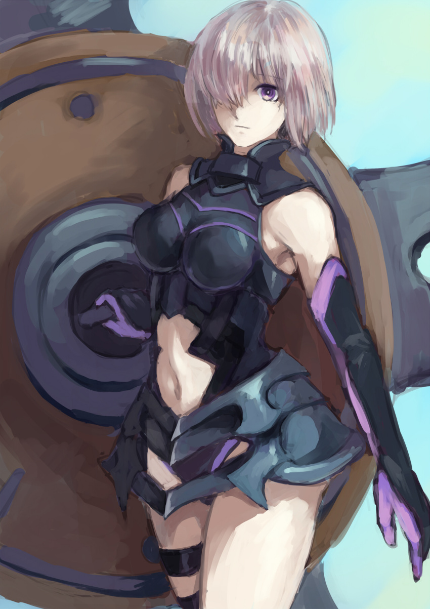 1girl 1other armor bare_shoulders black_armor black_gloves breastplate closed_mouth clouds cloudy_sky commentary_request elbow_gloves eyebrows_visible_through_hair eyes_visible_through_hair fate/grand_order fate_(series) gloves grass hair_over_one_eye highres holding holding_shield holding_weapon light_purple_hair looking_at_viewer mamedori mash_kyrielight mountain out_of_frame outdoors pov purple_eyes purple_gloves shield short_hair sky smile two-tone_gloves weapon