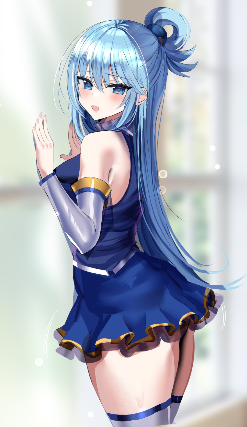 1girl absurdres aqua_(konosuba) arched_back ass bangs blue_eyes blue_hair blue_shirt blue_skirt blurry blurry_background blush breasts commentary cowboy_shot detached_sleeves eyebrows_visible_through_hair from_side hair_between_eyes hair_ornament hair_rings hanasaka_houcha hands_up highres kono_subarashii_sekai_ni_shukufuku_wo! long_hair looking_at_viewer miniskirt motion_lines open_mouth shiny shiny_hair shirt skirt sleeveless sleeveless_shirt solo thick_thighs thigh-highs thighs white_legwear window