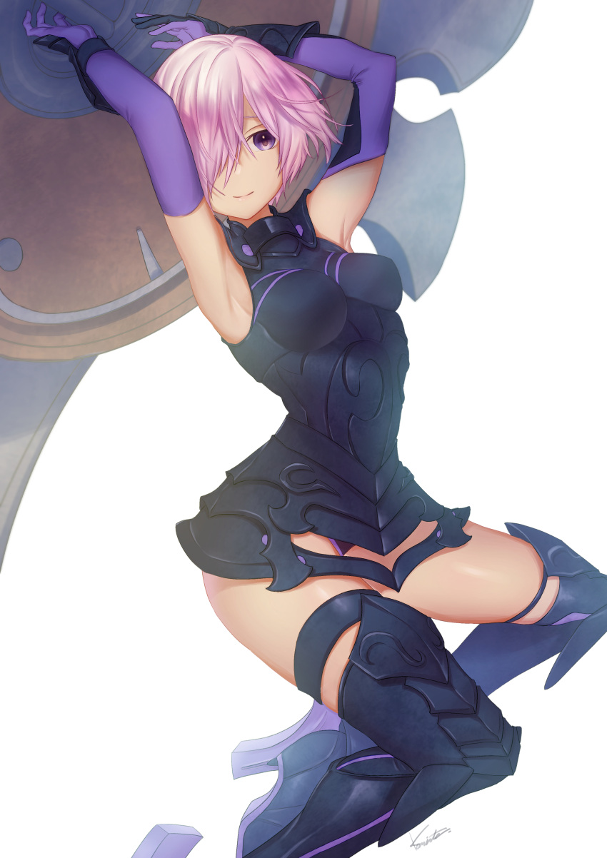 1girl 1other armor bare_shoulders black_armor black_gloves breastplate closed_mouth clouds cloudy_sky commentary_request elbow_gloves eyebrows_visible_through_hair eyes_visible_through_hair fate/grand_order fate_(series) gloves grass hair_over_one_eye highres holding holding_shield holding_weapon light_purple_hair looking_at_viewer mash_kyrielight mountain out_of_frame outdoors pov purple_eyes purple_gloves shield short_hair siokonbu24 sky smile two-tone_gloves weapon