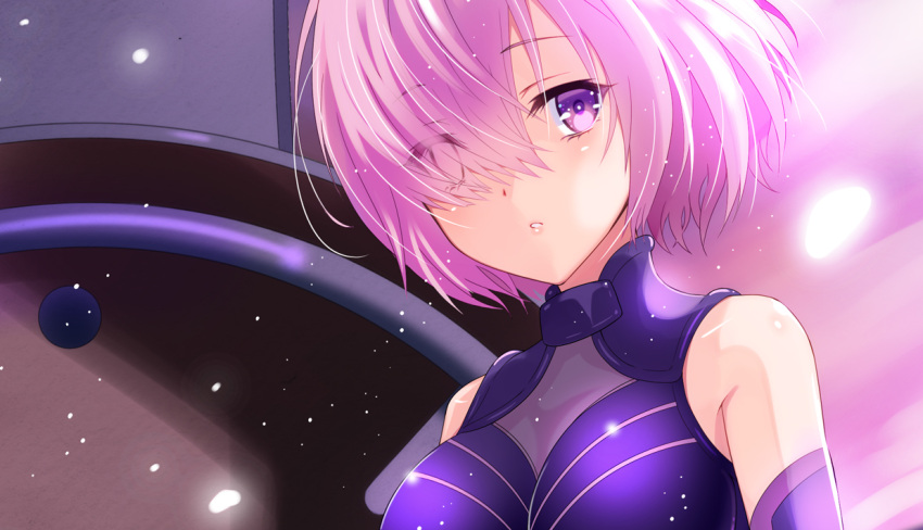 1girl 1other armor bare_shoulders black_armor black_gloves breastplate closed_mouth clouds cloudy_sky commentary_request elbow_gloves eyebrows_visible_through_hair eyes_visible_through_hair fate/grand_order fate_(series) gloves grass hair_over_one_eye highres holding holding_shield holding_weapon light_purple_hair looking_at_viewer mash_kyrielight mountain out_of_frame outdoors pov purple_eyes purple_gloves shield short_hair sky smile two-tone_gloves uonuma_yu weapon