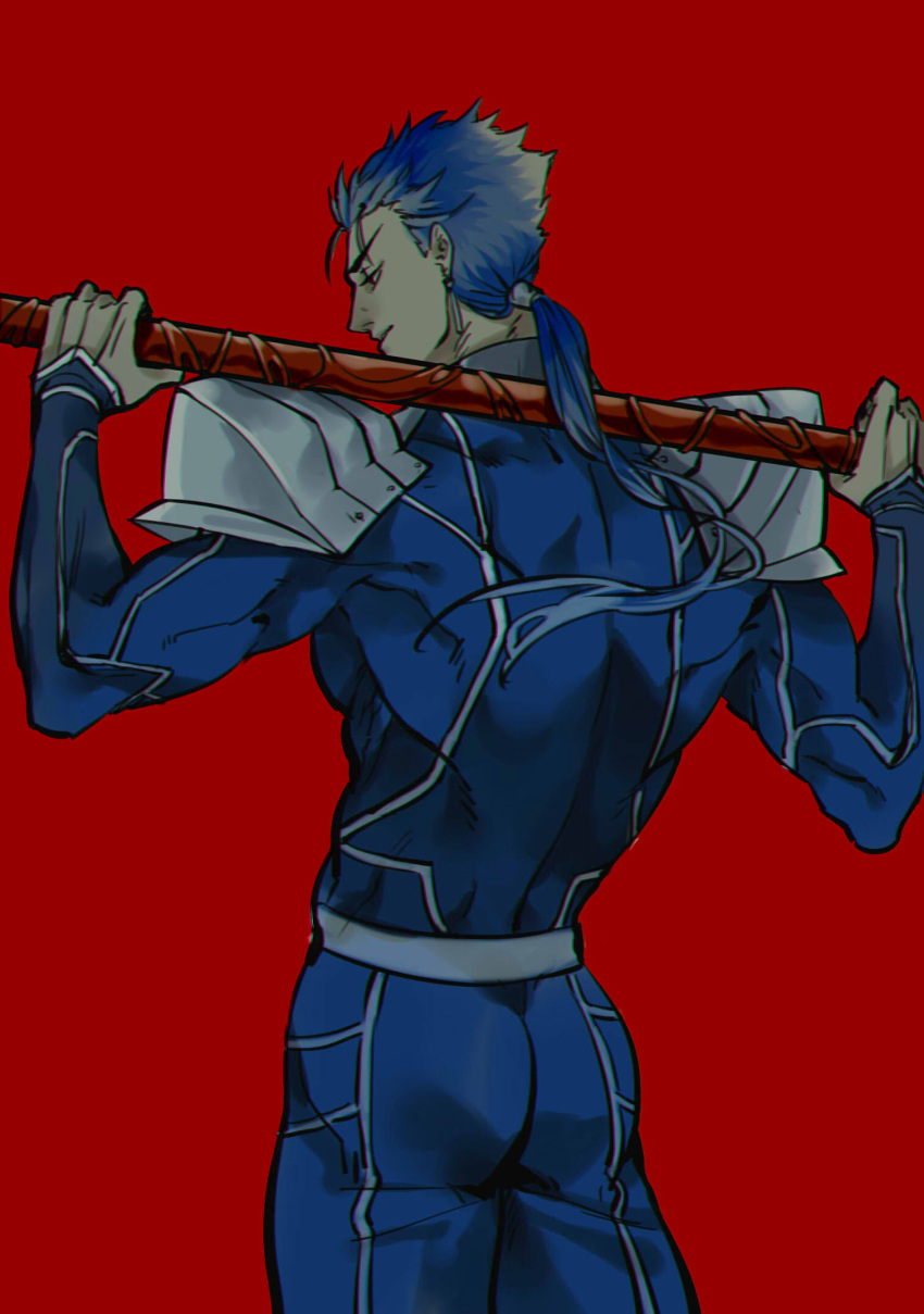 1boy armor behind_back blue_hair bodysuit cu_chulainn_(fate) cu_chulainn_(fate/stay_night) edwintarm fate/grand_order fate/stay_night fate_(series) from_behind gae_bolg_(fate) highres holding holding_polearm holding_weapon long_hair male_focus pauldrons polearm ponytail pose red_eyes shoulder_armor solo spear weapon