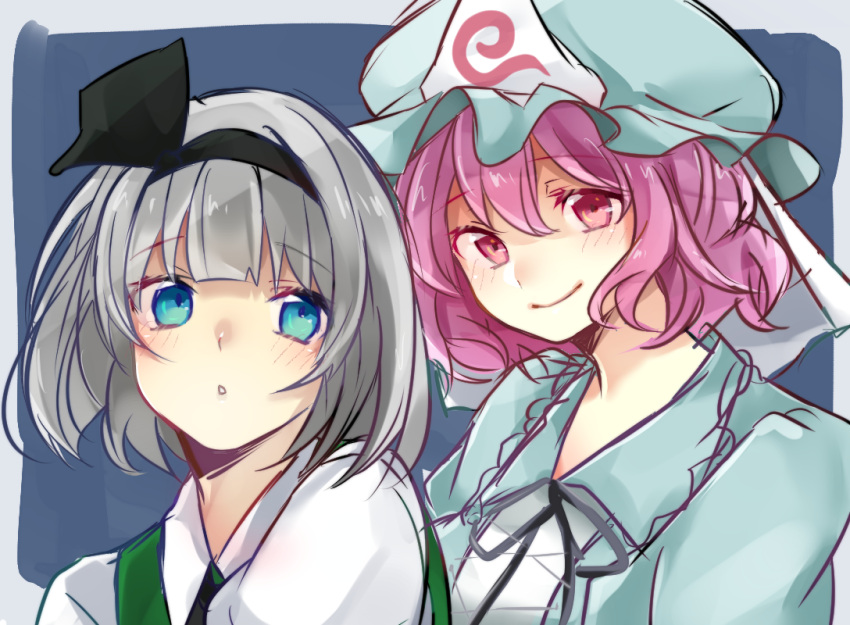 2girls :o bangs black_hairband black_ribbon blue_eyes blue_kimono blush bob_cut collared_shirt eyebrows_visible_through_hair green_vest grey_hair hair_ribbon hairband hat japanese_clothes katsuobushi_(eba_games) kimono konpaku_youmu looking_to_the_side mob_cap multiple_girls neck_ribbon pink_eyes pink_hair ribbon saigyouji_yuyuko shirt short_hair touhou triangular_headpiece vest wavy_hair white_shirt