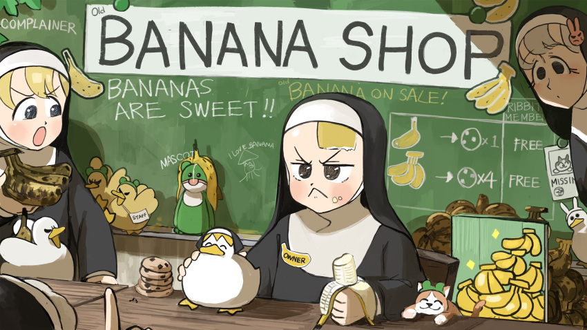 3girls angry banana bird blonde_hair brown_hair bunny_nun_(diva) cat catholic chalkboard chicken cookie cosplay diva_(hyxpk) duck duckling food frog_headband from_behind fruit habit half-bang_nun_(diva) half-bang_nun_(diva)_(cosplay) highres hook-bang_nun_(diva) little_nuns_(diva) missing_poster multiple_girls nunnally_lamperouge protagonist_nun_(diva) white_hair