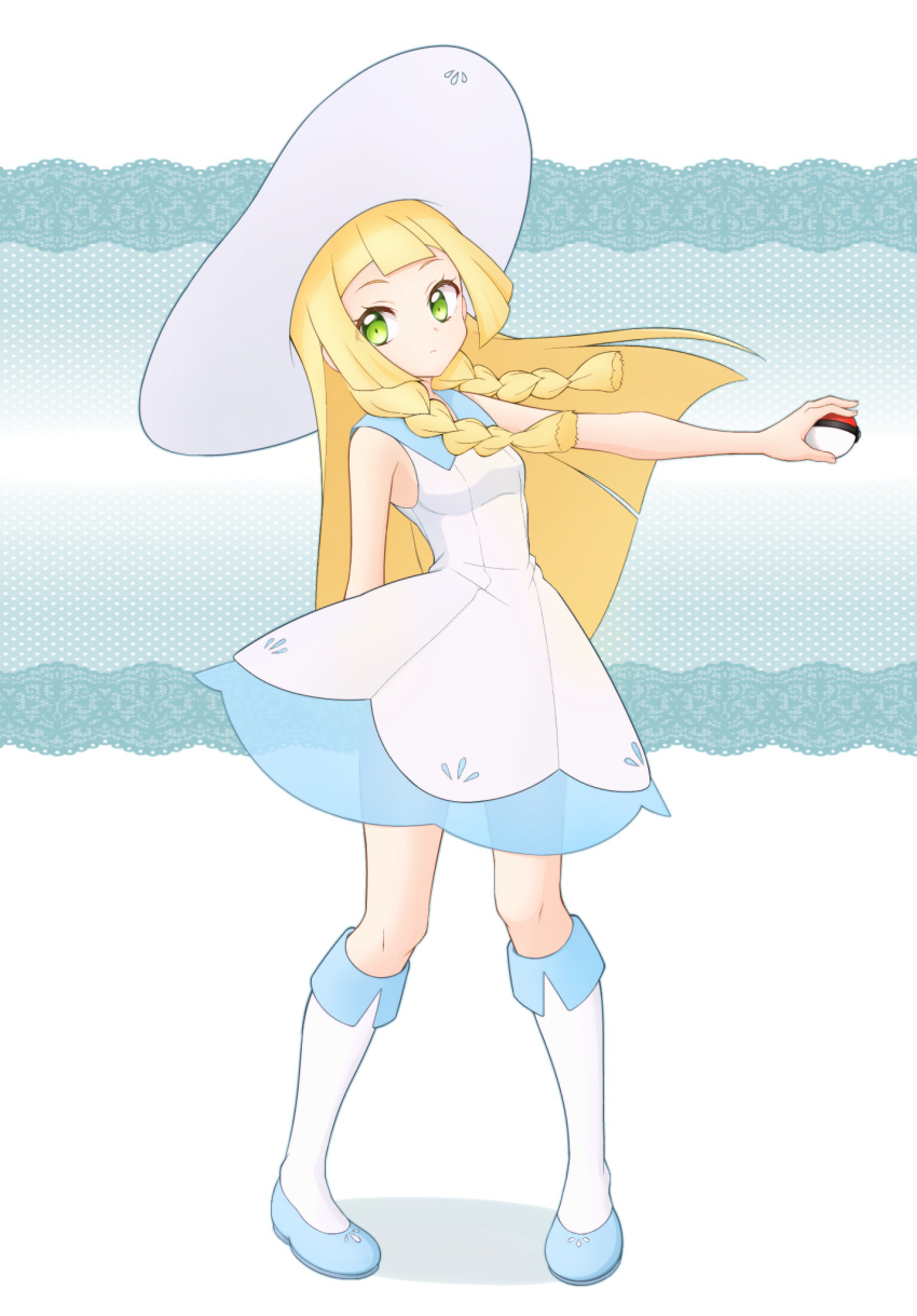 1girl bangs blonde_hair blue_footwear blunt_bangs braid closed_mouth collared_dress commentary_request dress floating_hair full_body green_eyes hat highres holding holding_poke_ball kneehighs knees kouzuki_(reshika213) lace lillie_(pokemon) long_hair outstretched_arm pigeon-toed poke_ball poke_ball_(basic) pokemon pokemon_(game) pokemon_sm see-through shoes sleeveless sleeveless_dress solo standing sun_hat sundress twin_braids white_dress white_headwear white_legwear