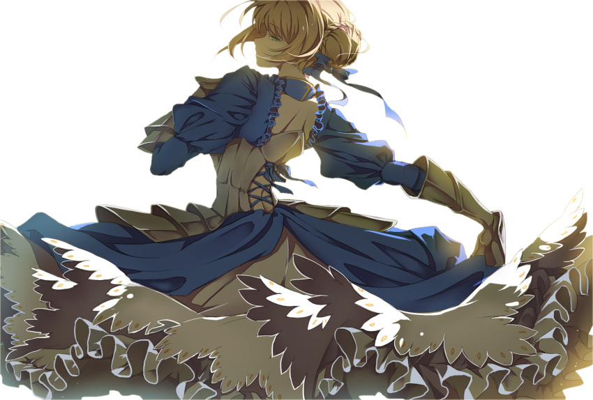 1girl ahoge artoria_pendragon_(all) blonde_hair blue_ribbon breasts cleavage_cutout clothing_cutout excalibur_(fate/stay_night) fate/grand_order fate/stay_night fate/zero fate_(series) green_eyes hair_bun hair_ribbon holding holding_weapon isorokuz juliet_sleeves long_sleeves medium_breasts puffy_sleeves ribbon saber solo sword weapon