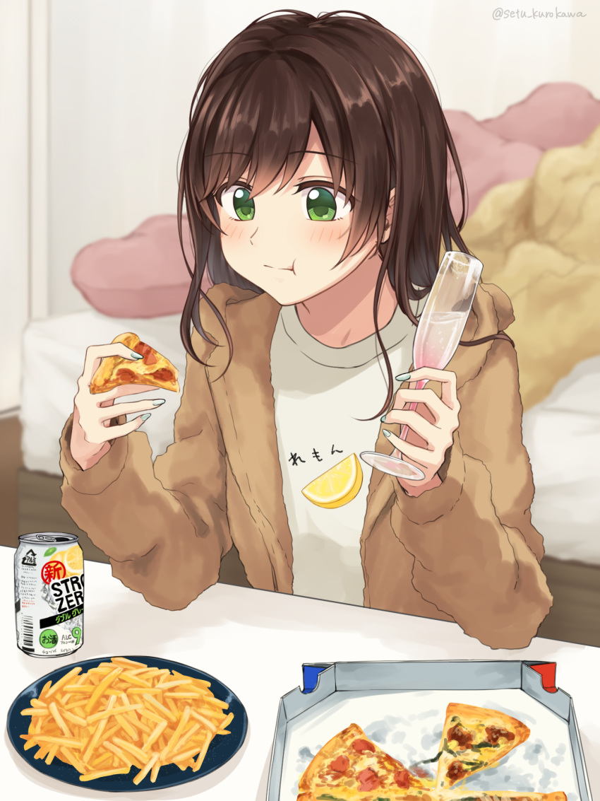 1girl :t blurry blurry_background brown_hair champagne_flute cup drinking_glass eating food french_fries green_eyes highres holding holding_food indoors long_hair nail_polish original pizza setu_kurokawa solo strong_zero