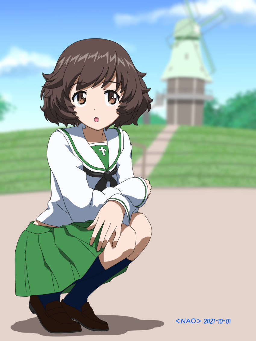 1girl akiyama_yukari artist_name bangs black_legwear black_neckerchief blouse blue_sky blurry blurry_background brown_eyes brown_footwear brown_hair clouds cloudy_sky commentary dated day depth_of_field eyebrows_visible_through_hair girls_und_panzer green_skirt highres loafers long_sleeves looking_at_viewer messy_hair miniskirt naotosi neckerchief ooarai_school_uniform open_mouth outdoors pleated_skirt sailor_collar school_uniform serafuku shadow shoes short_hair skirt sky socks solo standing white_blouse white_sailor_collar windmill