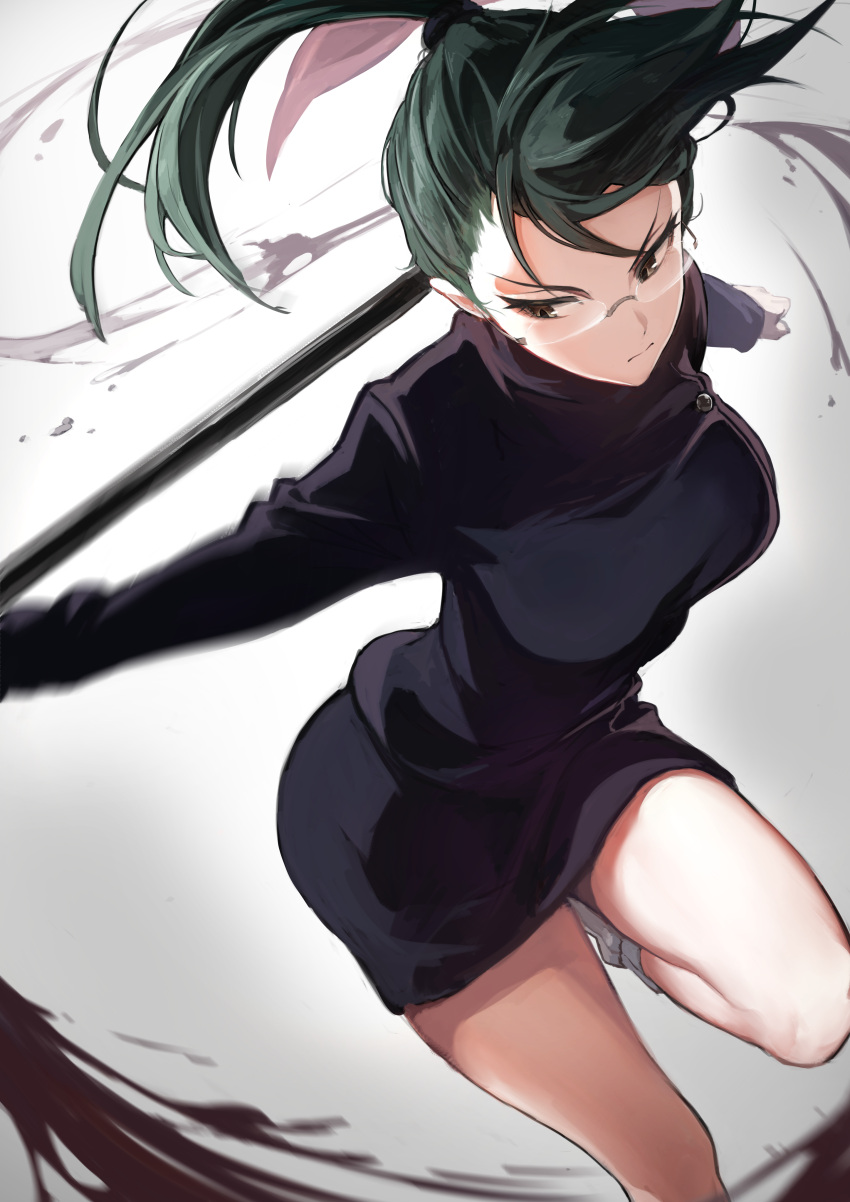 1girl absurdres bangs blood breasts eyelashes feet_out_of_frame floating_hair frown glasses green_hair grey_background highres jujutsu_kaisen long_hair long_sleeves looking_away looking_down marse_(rokudaime) miniskirt motion_blur outstretched_arms pencil_skirt polearm ponytail rimless_eyewear school_uniform sideways_glance skirt skirt_set socks solo standing standing_on_one_leg unaligned_breasts weapon white_legwear zen'in_maki