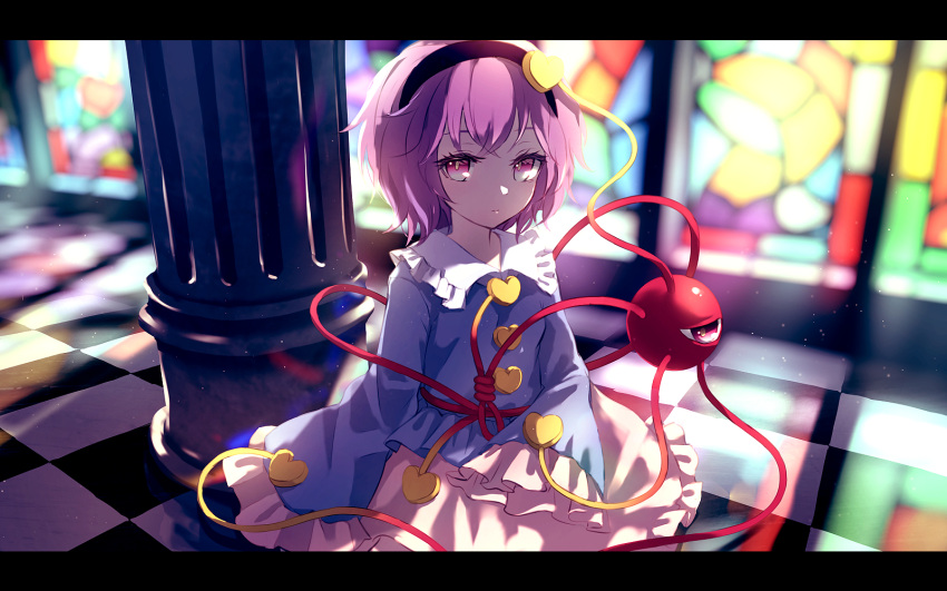 1girl black_hairband blouse blue_blouse buttons checkered_floor closed_mouth dise eyeball frilled_shirt_collar frilled_sleeves frills hair_between_eyes hairband heart highres komeiji_satori letterboxed pink_eyes pink_hair pink_skirt short_hair skirt sleeves_past_fingers sleeves_past_wrists solo stained_glass third_eye touhou wide_sleeves