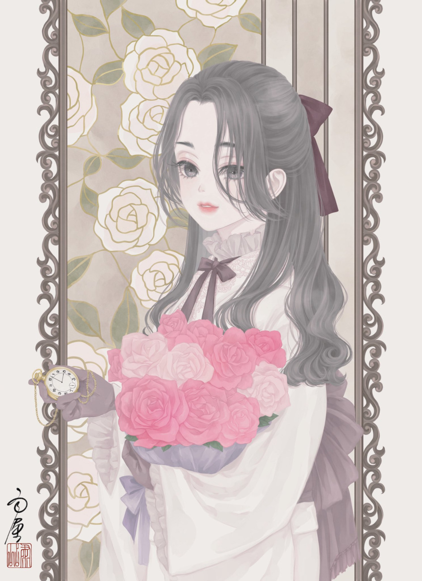 1girl bangs border bouquet bow brown_bow brown_ribbon eyelashes floral_background flower framed frilled_shirt_collar frills gloves grey_eyes grey_gloves grey_hair hair_bow hair_over_one_eye half_updo highres holding holding_bouquet holding_flower japanese_clothes kimono long_hair long_sleeves looking_at_viewer neck_ribbon obi original outside_border pale_skin parted_bangs parted_lips pink_flower pink_rose pocket_watch ribbon rose sash seal_impression signature solo standing symbol-only_commentary upper_body ushiyama_ame watch white_flower white_kimono white_rose wide_sleeves
