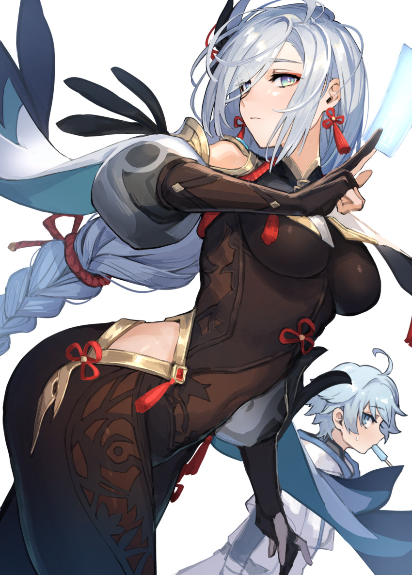1boy 1girl bangs black_gloves blue_eyes blush bodysuit braid braided_ponytail breast_curtain breasts chongyun_(genshin_impact) clothing_cutout covered_navel elbow_gloves genshin_impact gloves hair_ornament hair_over_one_eye highres hip_vent large_breasts light_blue_hair long_hair long_sleeves looking_at_viewer mephist partially_fingerless_gloves power_connection puffy_long_sleeves puffy_sleeves shenhe_(genshin_impact) short_hair shoulder_cutout silver_hair tabard tassel thighs very_long_hair