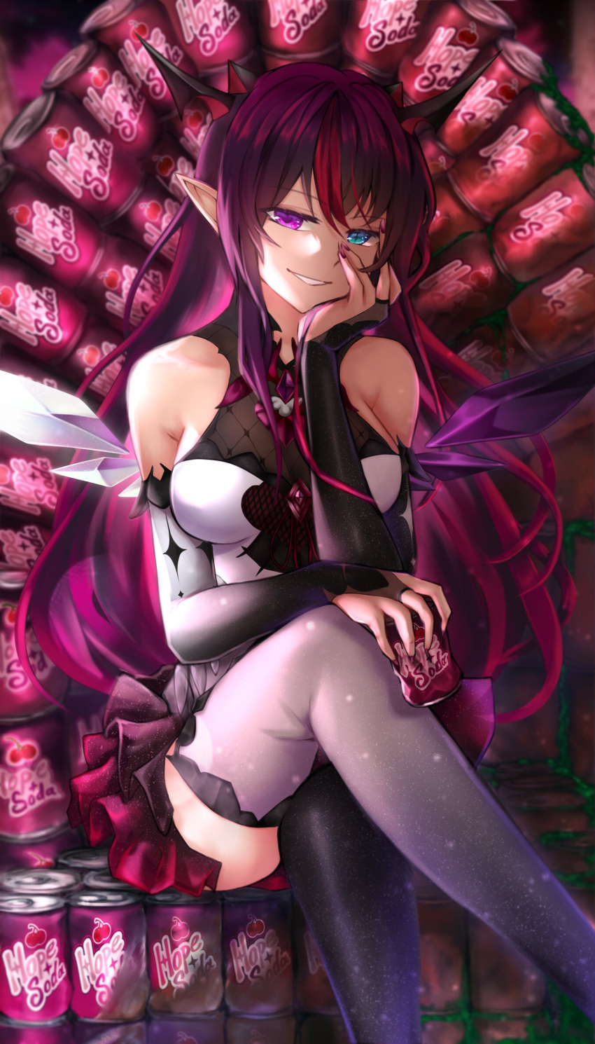 1girl absurdres bangs bare_shoulders blue_eyes breasts can crossed_legs detached_sleeves halter_top halterneck hand_on_own_face heterochromia highres hololive hololive_english horns irys_(hololive) long_hair looking_at_viewer medium_breasts open_mouth pink_eyes pink_hair pink_skirt pointy_ears shtooru sitting skirt smile soda_can solo thigh-highs throne virtual_youtuber wings