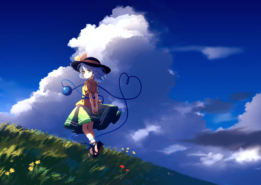 1girl arms_behind_back black_headwear blue_sky bow closed_mouth clouds day dise flower frilled_sleeves frills from_behind full_body grass green_eyes green_skirt hat hat_bow hat_ribbon heart heart_of_string highres komeiji_koishi looking_at_viewer looking_back outdoors puffy_short_sleeves puffy_sleeves red_flower ribbon shirt short_hair short_sleeves silver_hair skirt sky smile solo standing third_eye touhou yellow_bow yellow_flower yellow_ribbon yellow_shirt