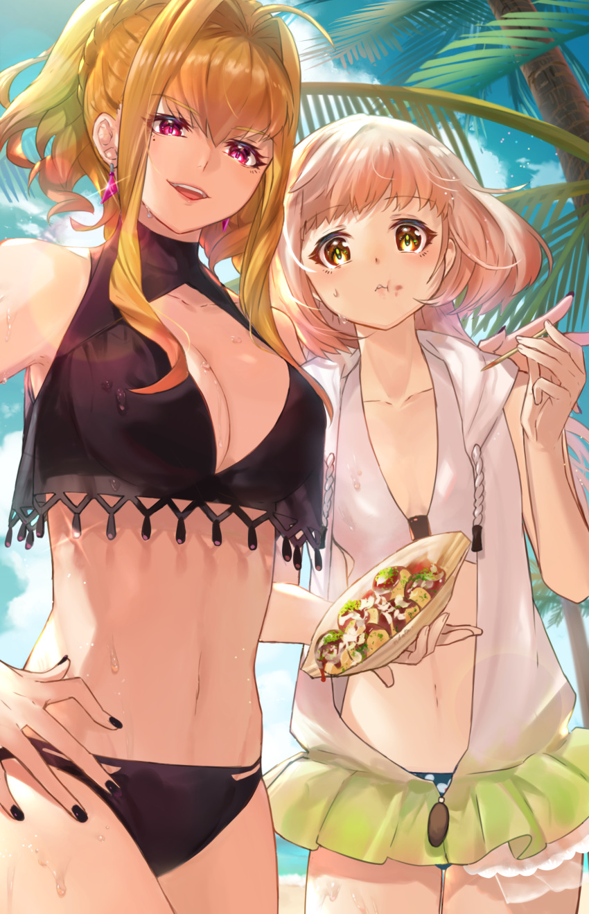 2girls absurdres bikini black_swimsuit blonde_hair brown_eyes food food_on_face hand_on_hip highres jewelry light_brown_hair long_hair multiple_girls n-bata nail_polish navel open_clothes open_vest original palm_tree ponytail red_eyes sidelocks smile swimsuit toothpick tree vest white_swimsuit