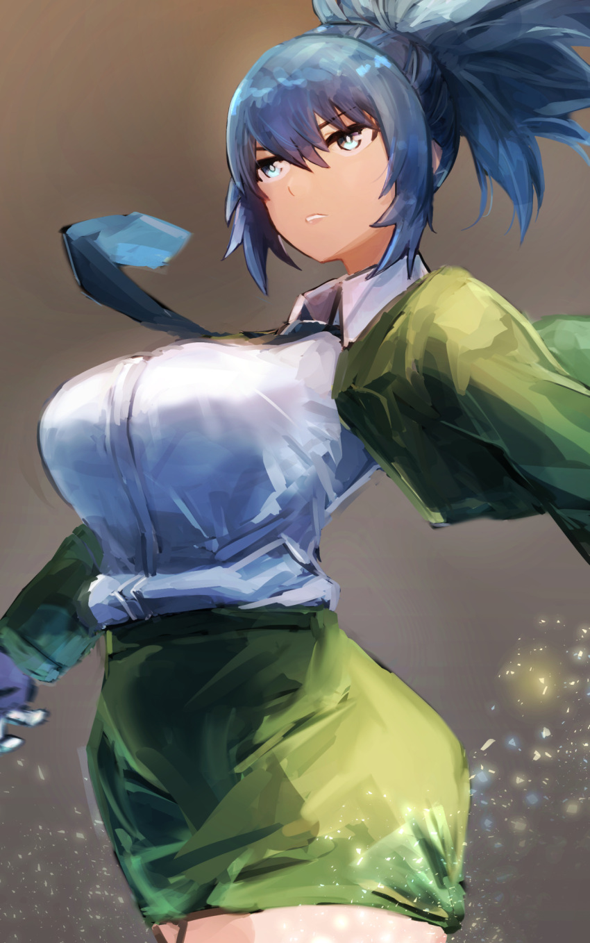 1girl alternate_costume bangs blue_eyes blue_hair breasts collared_shirt hatano_kiyoshi highres large_breasts leona_heidern metal_slug_attack necktie ponytail serious shirt simple_background skirt snk solo suit_jacket the_king_of_fighters