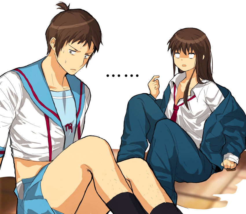 1boy 1girl alternate_hairstyle bangs black_legwear blank_eyes blazer blue_sailor_collar blue_skirt brown_eyes brown_hair commentary_request cosplay costume_switch crossdressing dual_persona embarrassed genderswap genderswap_(mtf) green_jacket green_pants hair_down hairstyle_switch highres jacket kita_high_school_uniform kl_(reikishikl) kyon kyonko long_hair long_sleeves male_underwear necktie o_o on_floor open_clothes open_mouth oversized_clothes pants ponytail red_necktie sailor_collar school_uniform serafuku shirt short_hair short_ponytail short_sleeves sitting skirt suzumiya_haruhi_no_yuuutsu sweat undersized_clothes underwear white_shirt