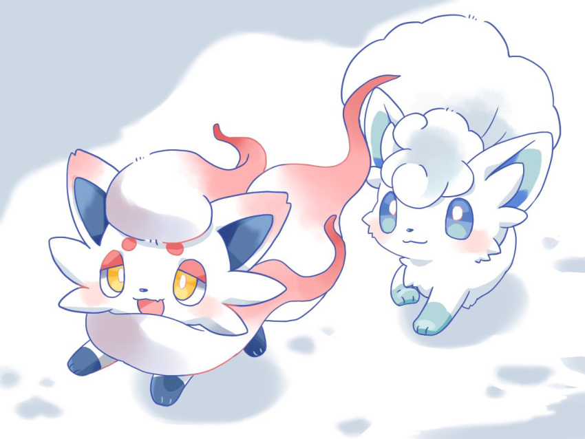 :3 :d alolan_vulpix animal animal_focus blue_eyes commentary_request fangs fox hisuian_zorua kana_(maple926) no_humans open_mouth pokemon shadow skin_fangs smile snow thick_eyebrows toes yellow_eyes