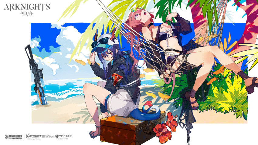2girls animal_ears arknights artist_request bangs bare_legs bare_shoulders baseball_cap beach bikini black_bikini black_choker black_jacket blue_nails breasts bright_pupils ch'en_(arknights) ch'en_the_holungday_(arknights) choker closed_mouth company_name copyright_name day dragon_girl dragon_horns dragon_tail eyebrows_behind_hair eyewear_on_head flower full_body green-tinted_eyewear hammock hand_on_headwear hat hibiscus highres horns horns_through_headwear hot jacket lin_yuhsia_(arknights) long_sleeves looking_at_viewer looking_back looking_up mismatched_bikini mouse_ears mouse_girl mouse_tail multiple_girls nail_polish navel ocean official_art outdoors palm_tree pink_hair planted purple_footwear red_eyes red_flower sandals see-through sitting small_breasts stomach strap_lift suitcase sunglasses sweat swimsuit tail thigh_strap tinted_eyewear toenail_polish toenails tree under_boob v-shaped_eyebrows violet_eyes water water_gun white_bikini white_headwear