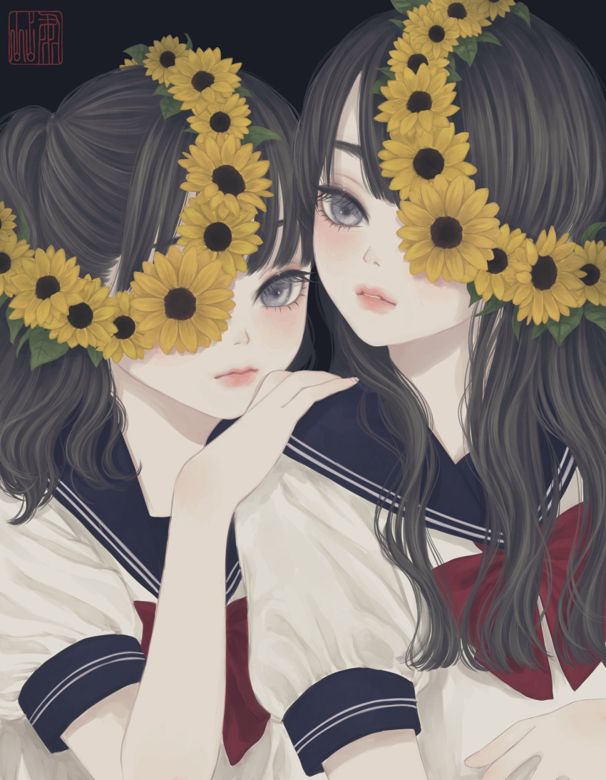 2girls bangs black_background black_hair blue_sailor_collar closed_mouth commentary_request flower grey_eyes hair_flower hair_ornament hand_on_another's_shoulder hand_up head_wreath highres long_hair looking_at_viewer multiple_girls neckerchief one_eye_covered original parted_lips red_neckerchief sailor_collar school_uniform seal_impression serafuku shirt short_sleeves simple_background twintails upper_body ushiyama_ame wavy_hair white_shirt yellow_flower