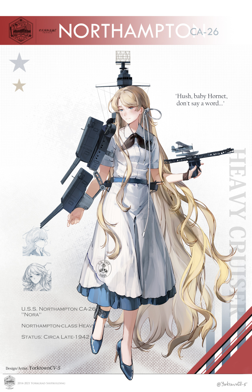 1girl absurdly_long_hair absurdres aircraft airplane biplane black_neckerchief blonde_hair blue_eyes blue_footwear cannon cruiser dress english_text full_body high_heels highres long_hair machinery mecha_musume military military_vehicle neckerchief original personification ship short_sleeves turret uss_northampton_(ca-26) very_long_hair warship watercraft yorktown_cv-5