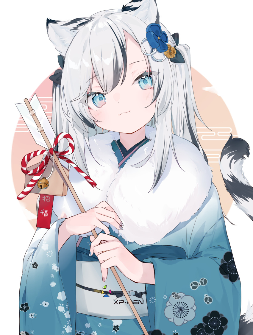 1girl :3 absurdres animal_ears arrow_(projectile) bangs black_hair blue_eyes blue_kimono blue_nails closed_mouth commentary egasumi ema flower fur_collar hair_flower hair_ornament hamaya highres holding holding_arrow japanese_clothes kimono long_hair long_sleeves looking_at_viewer mokyuko multicolored_hair obi obijime original sash sidelocks solo streaked_hair symbol-only_commentary tail tiger_ears tiger_tail two-tone_background two_side_up upper_body white_hair white_sash wide_sleeves