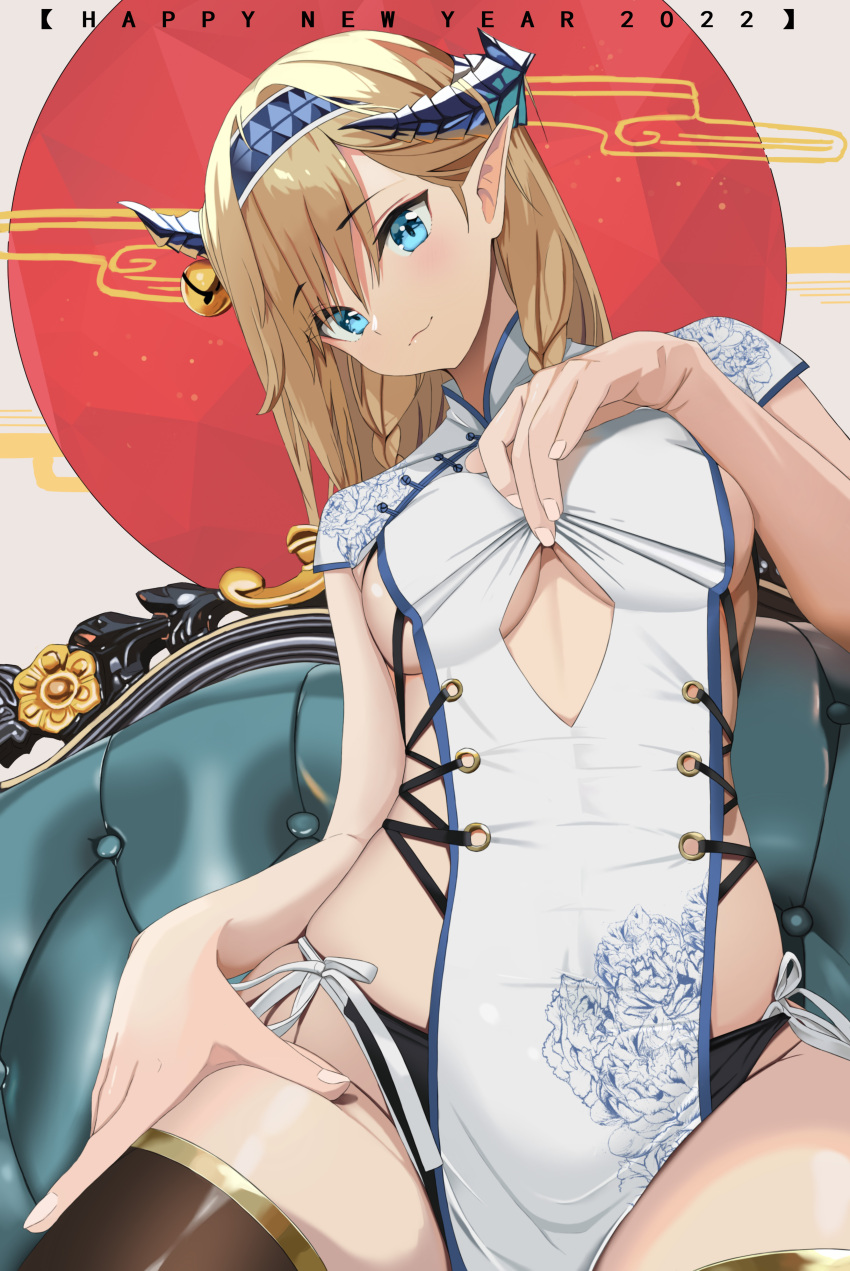 1girl :3 absurdres alternate_costume arknights auguste black_panties blonde_hair blue_eyes blue_hairband blush braid breasts brown_legwear china_dress chinese_clothes closed_mouth clothes_lift clothing_cutout commentary couch covered_navel dragon_horns dress hairband hand_on_own_thigh happy_new_year head_tilt highres horns large_hands lifted_by_self long_hair looking_at_viewer medium_breasts new_year on_couch panties pointy_ears saileach_(arknights) short_sleeves sideless_outfit sitting smile solo thigh-highs twin_braids under_boob underboob_cutout underwear white_dress