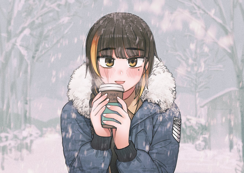 1girl blush braid brown_eyes brown_hair coffee_cup commentary cup disposable_cup english_commentary eyebrows_visible_through_hair girls_frontline hands_up holding holding_cup long_hair long_sleeves looking_at_viewer m16a1_(girls'_frontline) mole mole_under_eye multicolored_hair orange_hair outdoors parted_lips scar scar_across_eye single_braid smile snow snowing solo streaked_hair thomas_hewitt tree upper_body