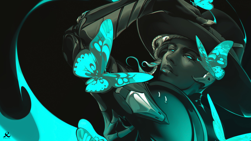 1boy apex_legends black_background blue_eyes bug dark-skinned_male dark_skin english_commentary excharny hairlocs hand_on_headwear hand_on_own_arm hat head_tilt highres leaning_back looking_at_viewer male_focus moth parted_lips portrait seer_(apex_legends) solo spot_color