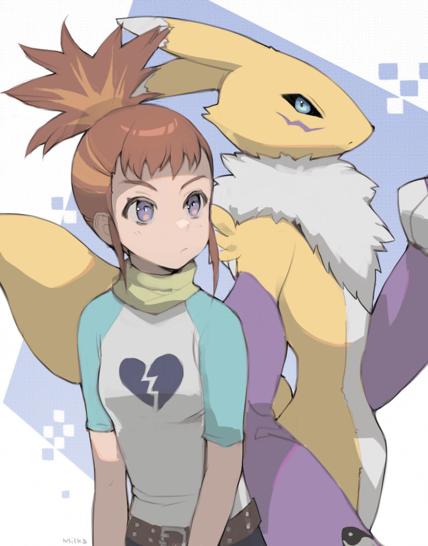 1girl animal_ears animal_nose bangs belt black_sclera blue_eyes broken_heart_print closed_mouth colored_sclera detached_sleeves digimon digimon_(creature) digimon_tamers english_commentary expressionless flat_chest fox_ears fox_tail furry furry_female highres looking_at_viewer looking_to_the_side makino_ruki milka_(milk4ppl) orange_hair ponytail renamon shirt short_sleeves tail violet_eyes white_fur yellow_fur yin_yang