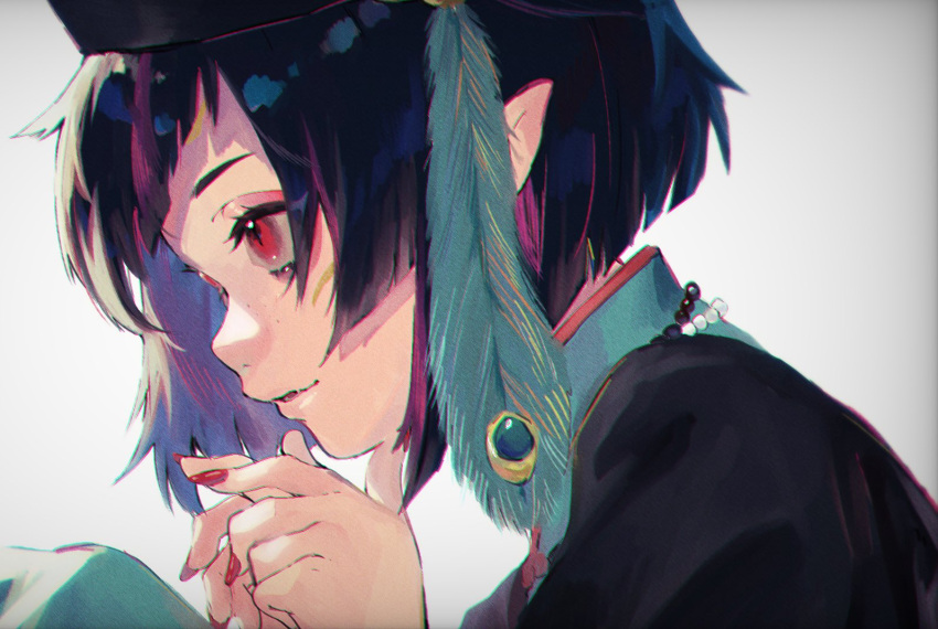 1boy androgynous black_hair feathers gr_7 hat lilia_vanrouge looking_to_the_side multicolored_hair nail_polish pale_skin pink_eyes pink_hair pointy_ears twisted_wonderland