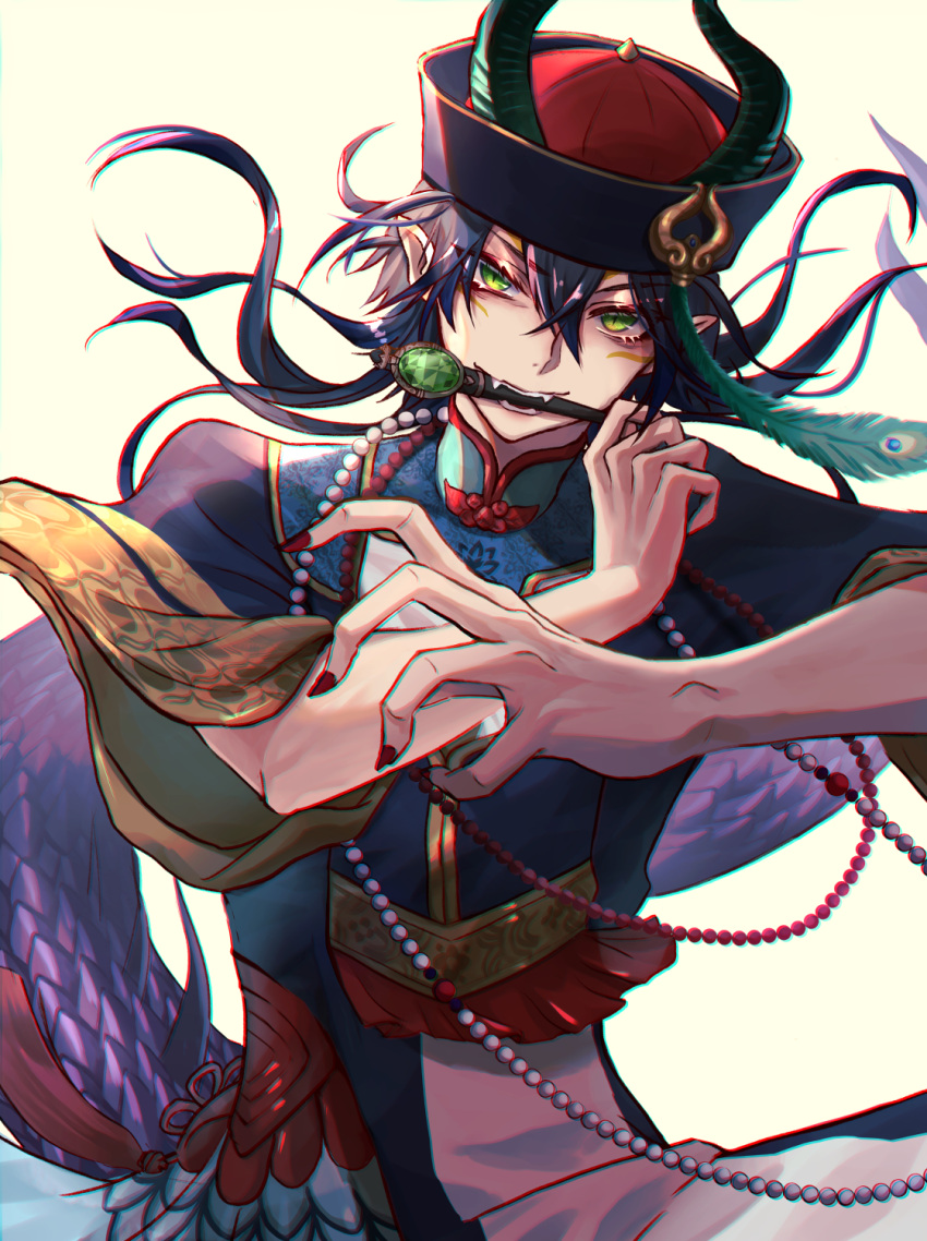 1boy asagizuisen black_hair blue_hair dragon_horns dragon_tail fang fangs green_eyes hat highres horns looking_to_the_side malleus_draconia nail_polish necktie pale_skin tail traditional_clothes twisted_wonderland
