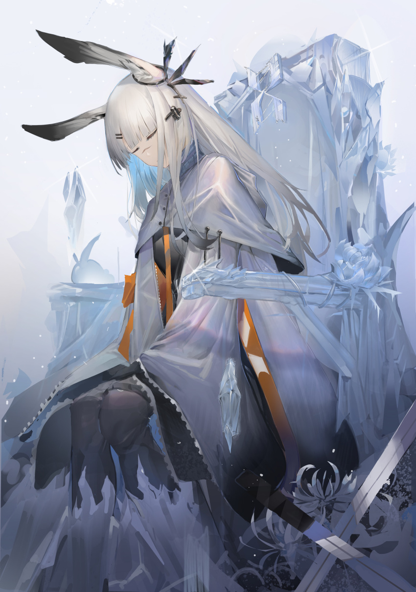 1girl absurdres animal_ear_fluff animal_ears arknights bangs black_dress black_gloves black_legwear blunt_bangs capelet closed_eyes closed_mouth dress frostnova_(arknights) gloves hair_ornament hairclip hands_on_lap highres ice long_hair long_sleeves pantyhose rabbit_ears silver_hair simple_background sitting solo sparkle throne white_background white_capelet wide_sleeves