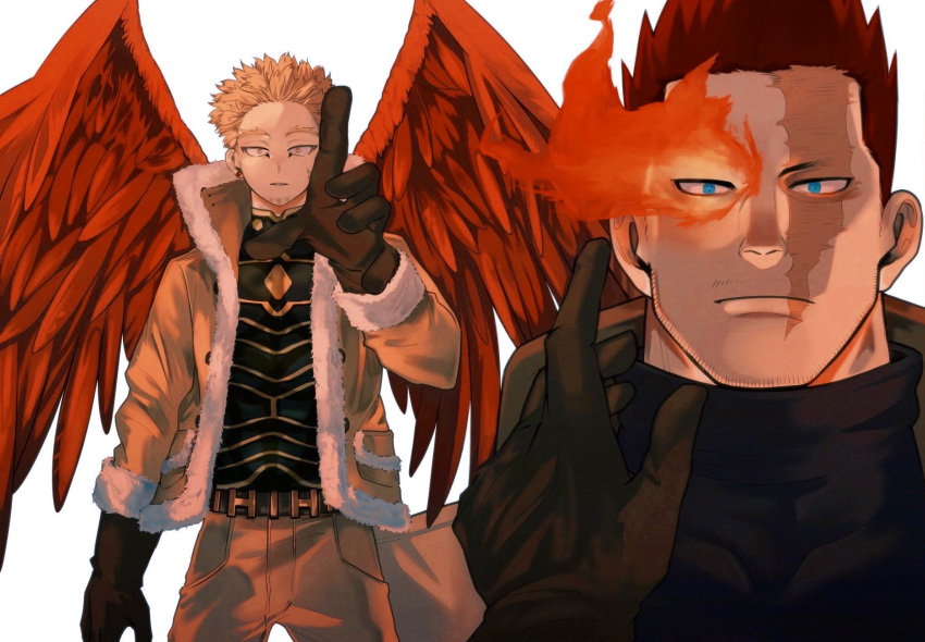 2boys 2elu2 beard blonde_hair blue_eyes body_markings bodysuit bodysuit_under_clothes boku_no_hero_academia burn_scar costume earrings endeavor_(boku_no_hero_academia) facial_hair feathered_wings fingerless_gloves fire fur-trimmed_jacket fur_trim gloves goatee hawks_(boku_no_hero_academia) highres implied_yaoi jacket jewelry looking_at_another male_focus mature_male multiple_boys muscular muscular_male mustache pov projected_inset reaching_out red_feathers redhead scar scar_across_eye scar_on_cheek scar_on_face scar_on_mouth scar_on_neck short_hair sideburns skin_tight special_moves spiky_hair straight-on stubble stud_earrings toned toned_male turtleneck very_short_hair wings yellow_eyes