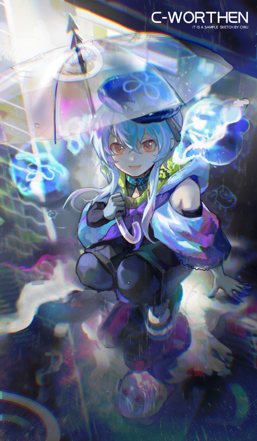 1boy absurdres androgynous arknights blue_hair bow ciwu cloak hat highres jellyfish looking_up mizuki_(arknights) otoko_no_ko pale_skin puddle rain reflection reflective_water ribbon smile umbrella violet_eyes