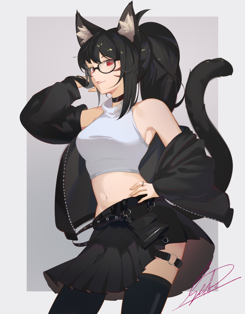 1girl absurdres animal_ear_fluff animal_ears avatar_(ff14) black_jacket black_skirt breasts cat_ears cat_girl cat_tail commission eyebrows_behind_hair final_fantasy final_fantasy_xiv glasses halter_top halterneck highres jacket large_breasts midriff miqo'te navel o-ring off_shoulder parted_lips ponytail red_eyes sechipuu skirt solo tail thigh-highs thigh_strap zettai_ryouiki