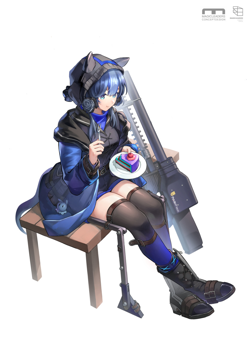 1girl :t absurdres arknights bangs blue_eyes cake cake_slice charm_(object) chewing chinese_commentary food fork glaucus_(arknights) highres holding holding_plate infection_monitor_(arknights) knmaorongrong long_sleeves low_twintails multicolored_hair on_bench plate railgun sitting slug_girl solo streaked_hair tail thigh-highs twintails white_background