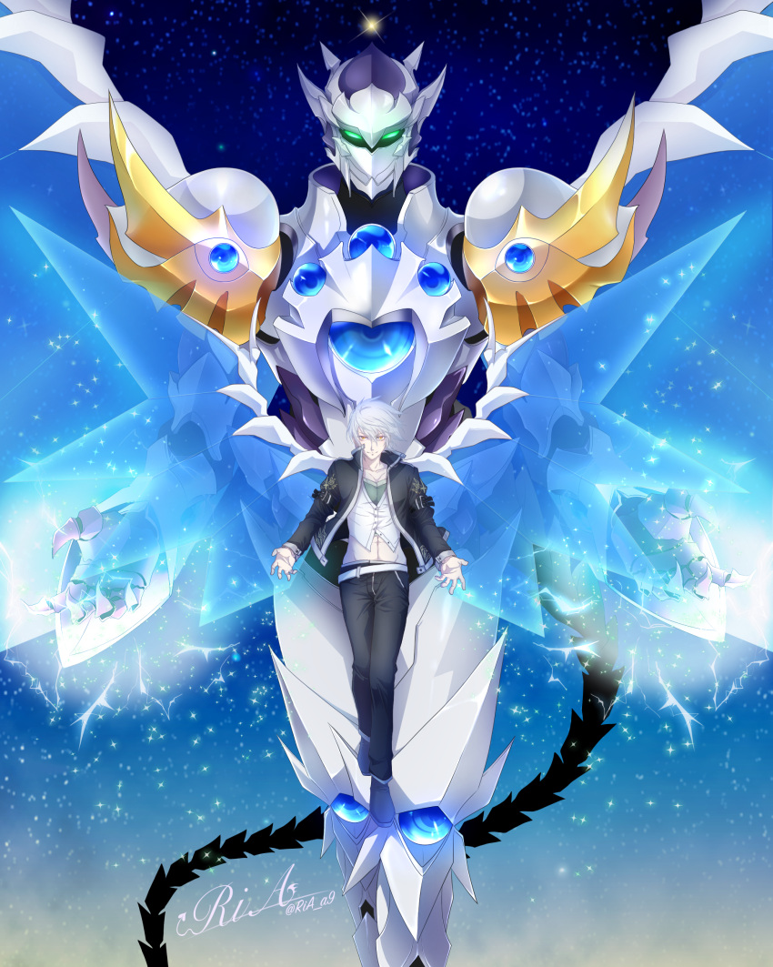1boy absurdres armor collared_shirt divine_dividing energy_wings full_armor gauntlets green_eyes high_school_dxd highres jacket large_wings long_sleeves looking_at_viewer navel open_clothes open_jacket pauldrons ria_a9 shirt short_hair shoulder_armor silver_hair smile solo tail vali_lucifer white_armor white_shirt wings yellow_eyes
