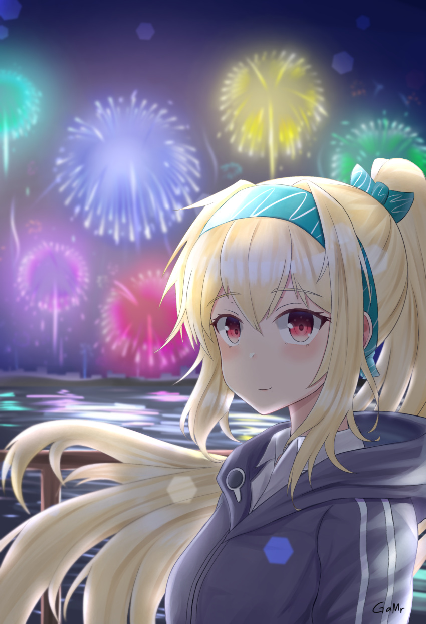 1girl blonde_hair blue_hoodie bow closed_mouth eyebrows_visible_through_hair fireworks gamryous girls_frontline hair_flowing_over hairband highres hood hoodie long_hair looking_at_viewer new_year ponytail red_eyes ribbon smile solo sv-98_(girls'_frontline)
