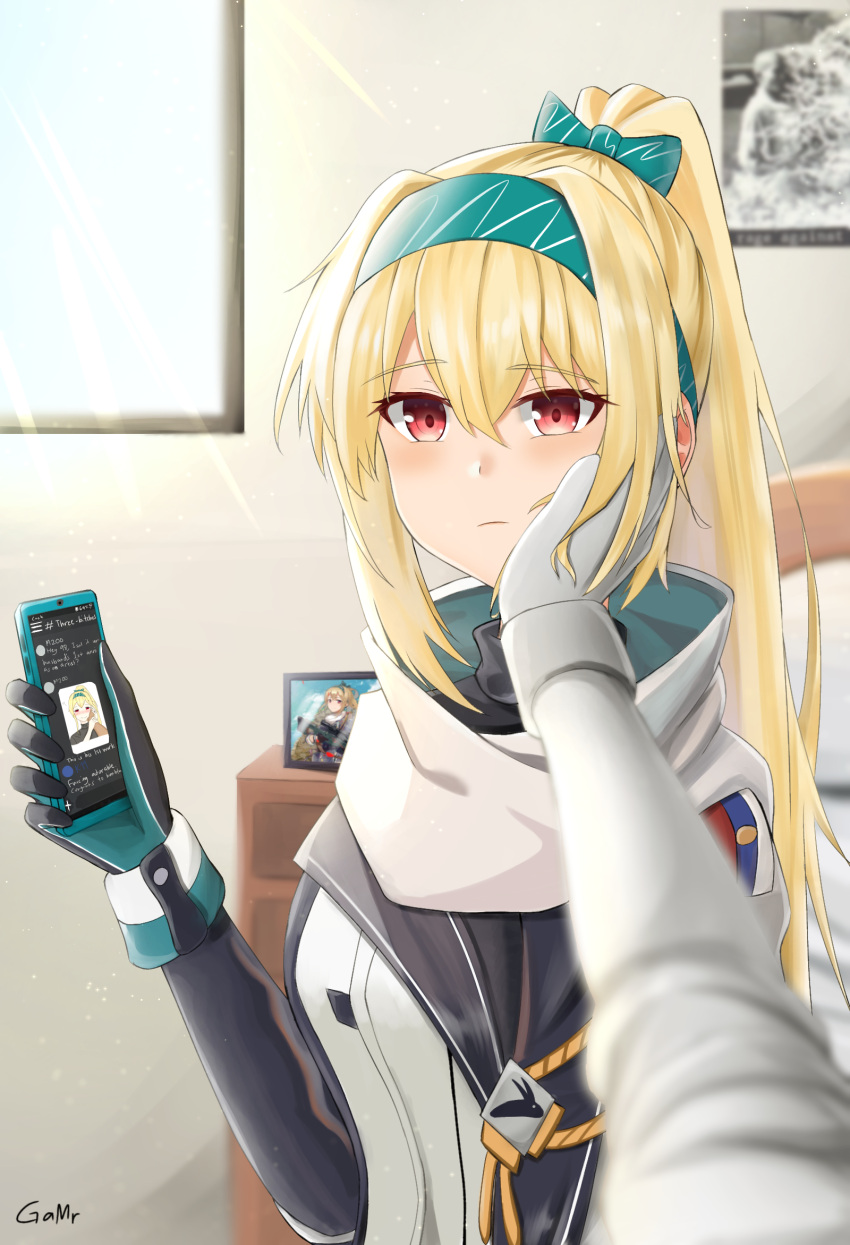 1girl blonde_hair eyebrows_visible_through_hair gamryous girls_frontline gloves hairband hand_on_another's_face highres holding holding_phone long_hair looking_at_viewer phone ponytail red_eyes scarf smile solo sv-98_(girls'_frontline) turtleneck white_scarf