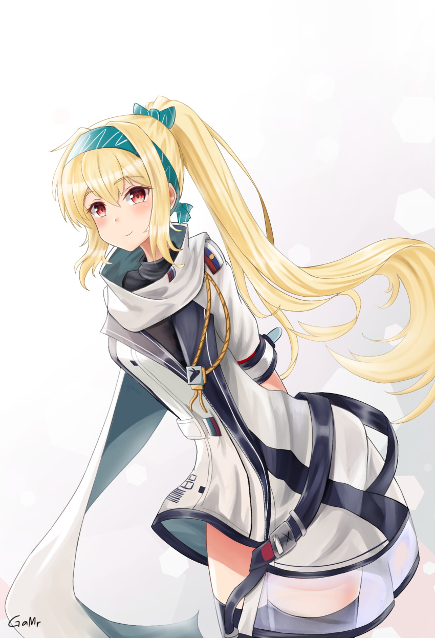 1girl artist_name blonde_hair blush bow eyebrows_visible_through_hair gamryous girls_frontline green_hairband hairband highres long_hair looking_at_viewer ponytail red_eyes russian_flag scarf smile solo sv-98_(girls'_frontline) thigh-highs turtleneck white_scarf