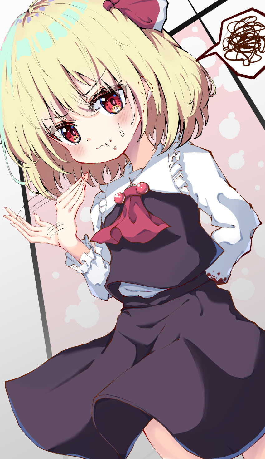1girl absurdres afterimage ascot black_skirt black_vest blonde_hair blood blood_on_clothes closed_mouth collared_shirt eyebrows_visible_through_hair fingernails food food_on_face hair_between_eyes hair_ribbon highres kayon_(touzoku) long_sleeves looking_at_viewer motion_lines red_ascot red_eyes red_ribbon ribbon rumia shirt short_hair skirt solo touhou vest white_shirt