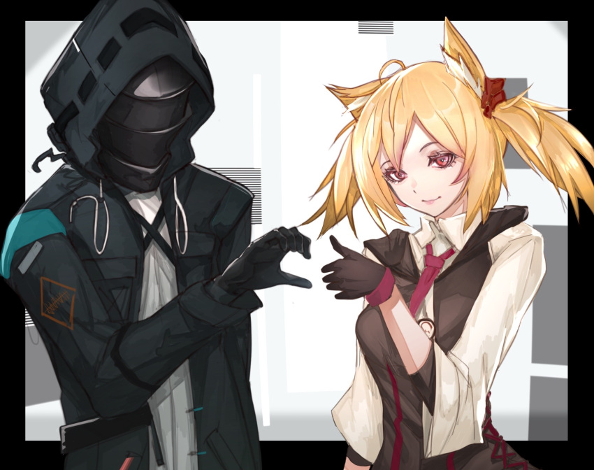 1girl 1other ahoge animal_ear_fluff animal_ears arknights black_border black_coat black_gloves black_vest border closed_mouth coat collared_shirt doctor_(arknights) gloves hair_ornament heart_hands_failure highres kava long_sleeves looking_at_viewer mask necktie open_clothes open_coat outside_border pink_necktie red_eyes shirt short_hair short_twintails smile sora_(arknights) thumbs_up twintails upper_body vest white_background white_shirt wolf_ears