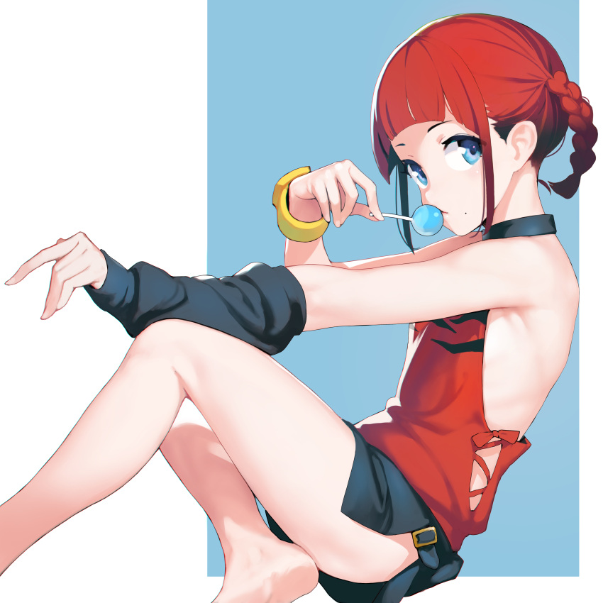 1girl absurdres asukagawa_chise ataruman barefoot blue_background blue_eyes braid candy commentary_request detached_sleeves flat_chest food gridman_universe highres holding holding_candy holding_food holding_lollipop legs lollipop looking_at_viewer mole mole_under_mouth redhead short_hair short_shorts shorts single_detached_sleeve sitting solo ssss.dynazenon two-tone_background white_background